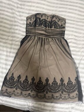 David's Bridal lined Dress in Beige with Black tulle Overlay and Shimmer